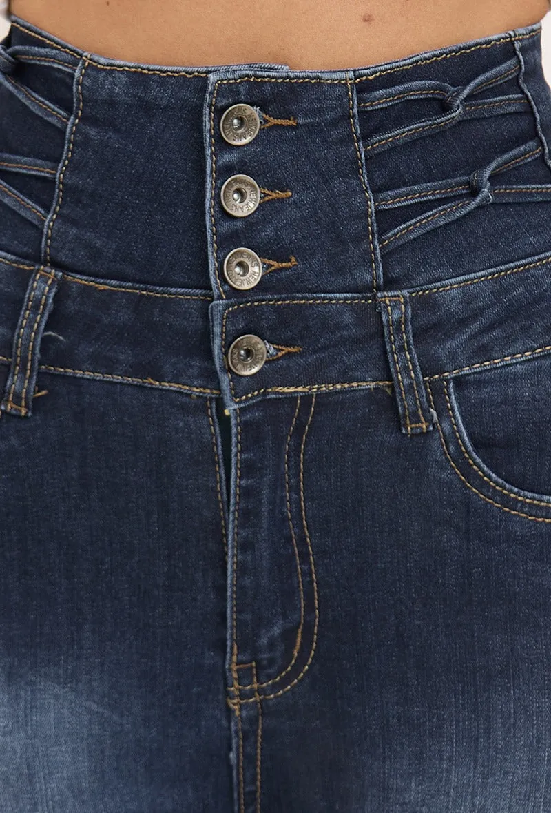 Wholesale Dark Blue Super High Waist Skinny Jeans With 4 Buttons