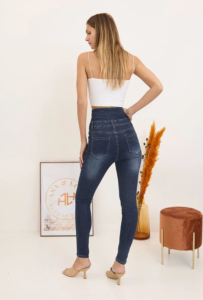 Wholesale Dark Blue Super High Waist Skinny Jeans With 4 Buttons