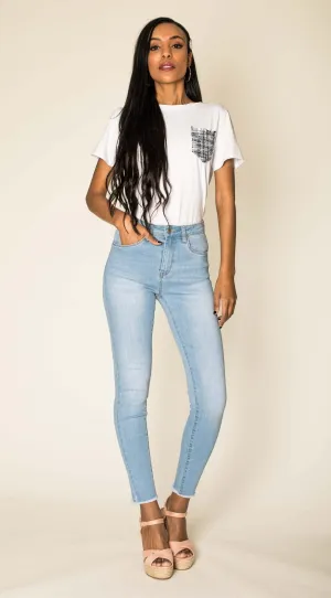 Wholesale Light Blue High Rise Frayed Bottom Leg Skinny Jeans with Stretch - NEW PACK
