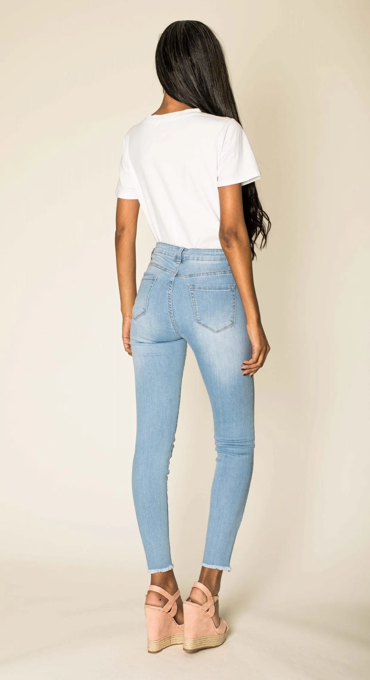 Wholesale Light Blue High Rise Frayed Bottom Leg Skinny Jeans with Stretch - NEW PACK