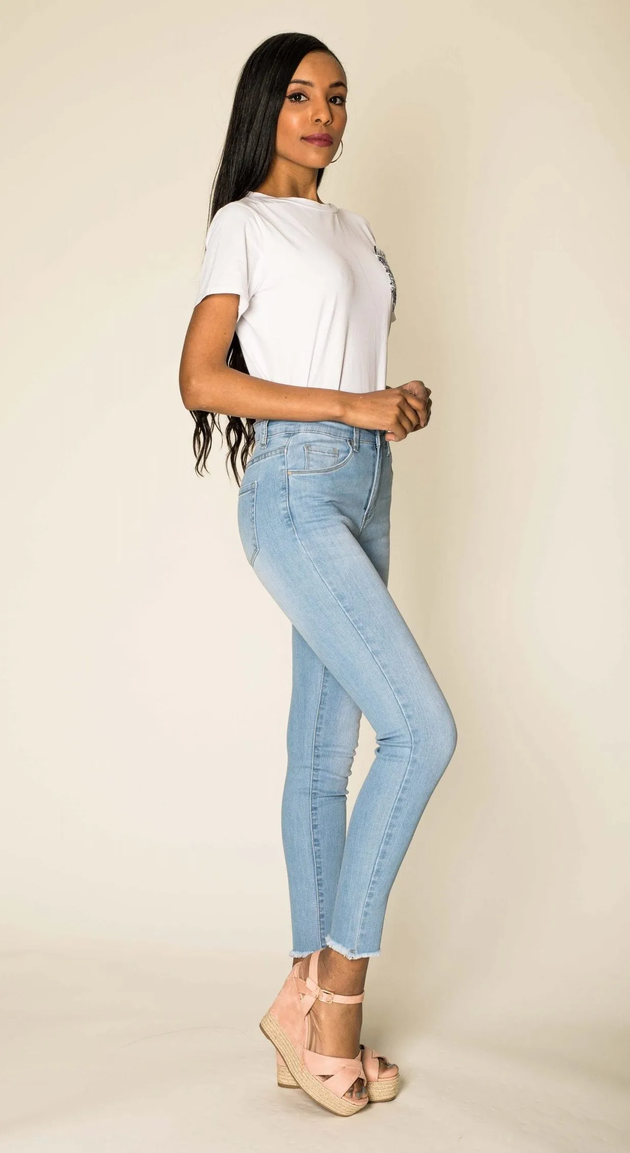 Wholesale Light Blue High Rise Frayed Bottom Leg Skinny Jeans with Stretch - NEW PACK