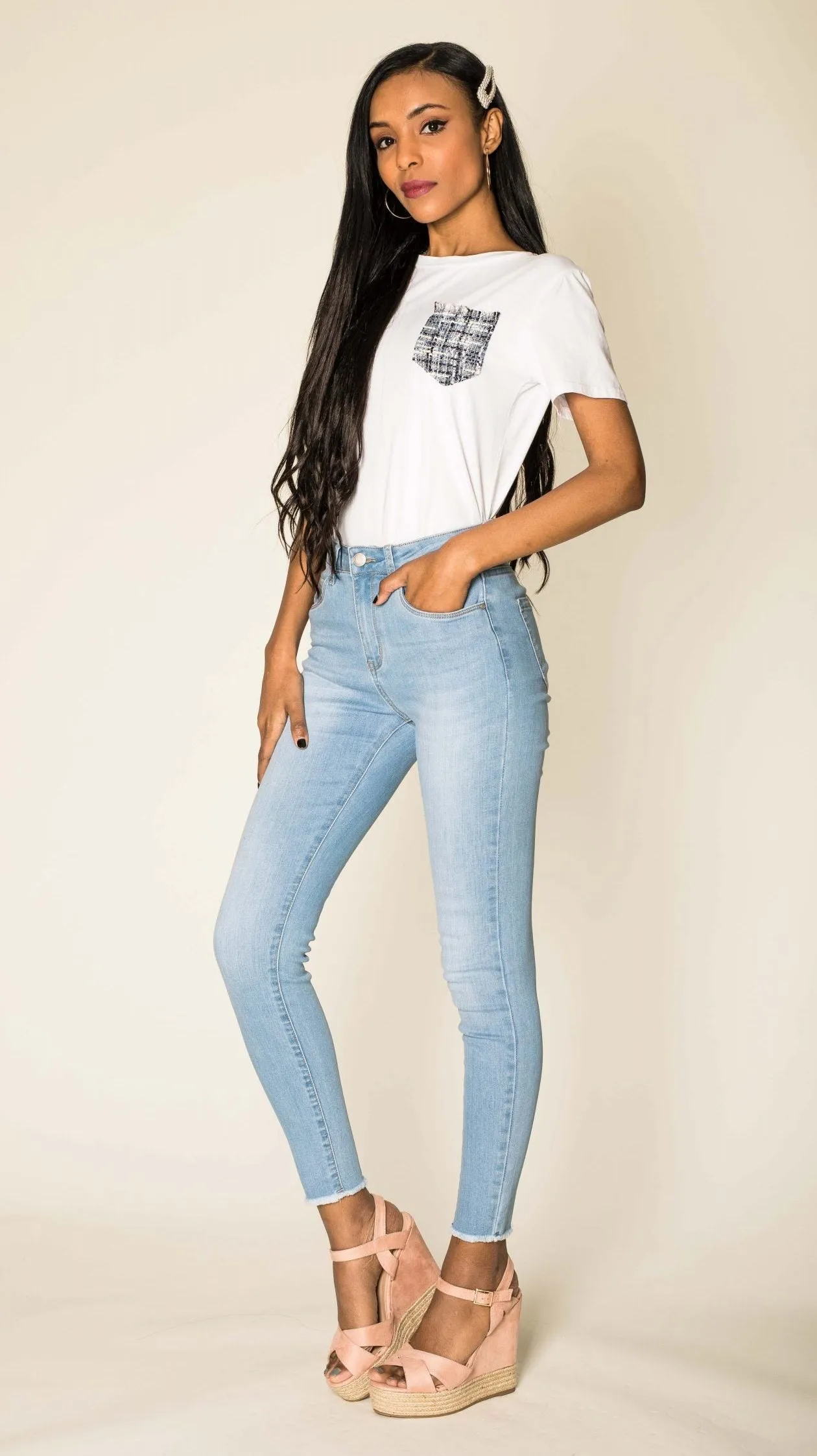 Wholesale Light Blue High Rise Frayed Bottom Leg Skinny Jeans with Stretch - NEW PACK