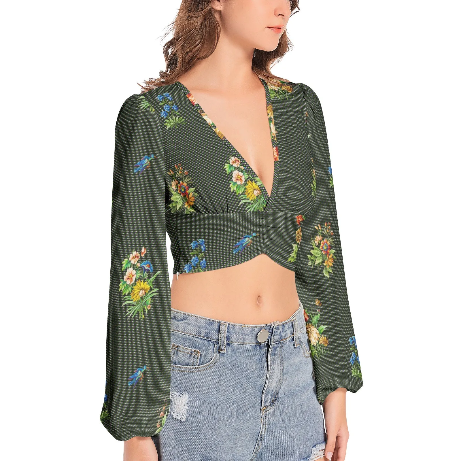 Wildflower & Fauna Women's Deep V-Neck Lantern Sleeve Crop Top