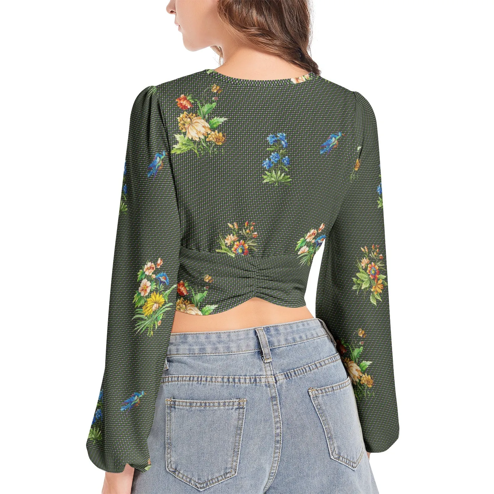 Wildflower & Fauna Women's Deep V-Neck Lantern Sleeve Crop Top