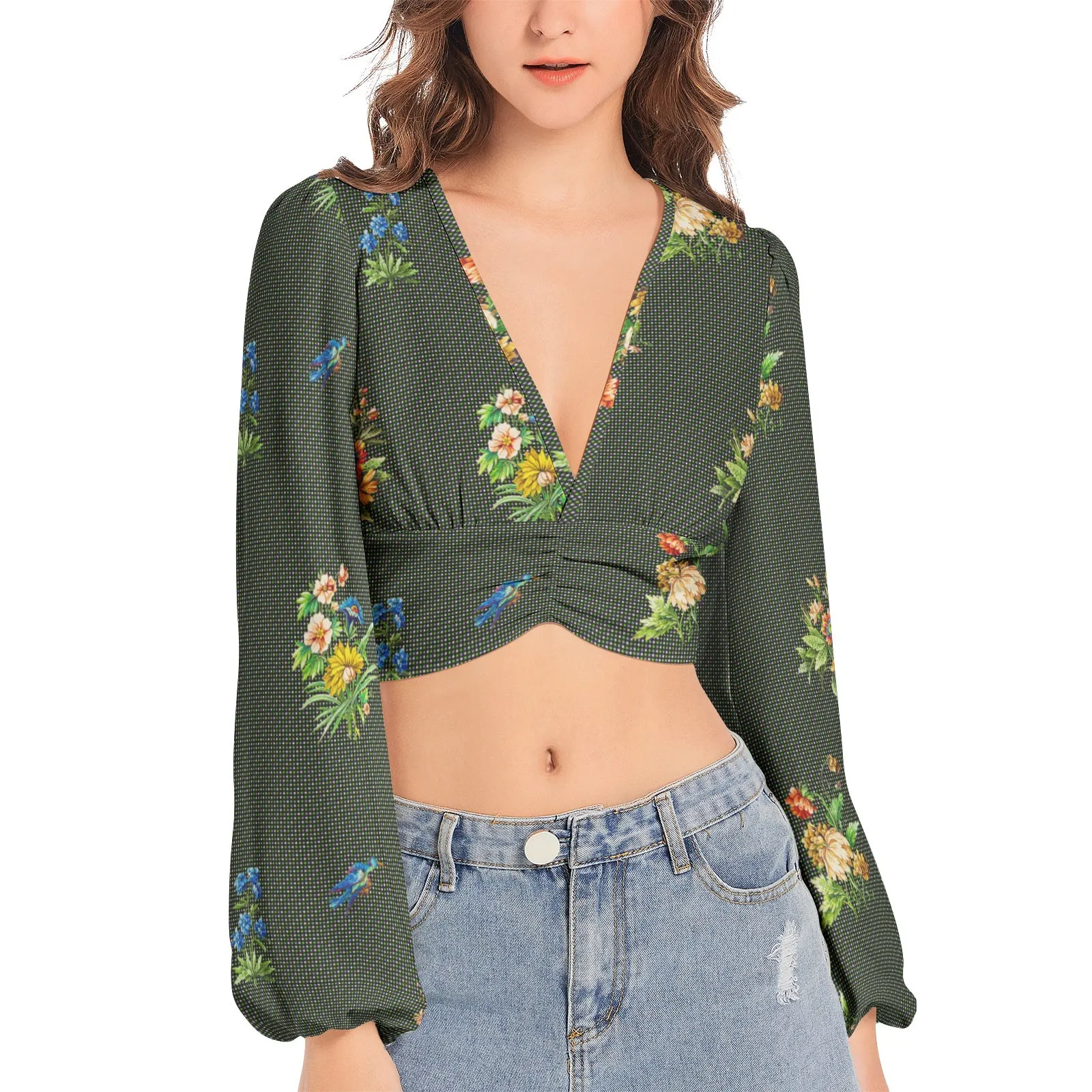 Wildflower & Fauna Women's Deep V-Neck Lantern Sleeve Crop Top