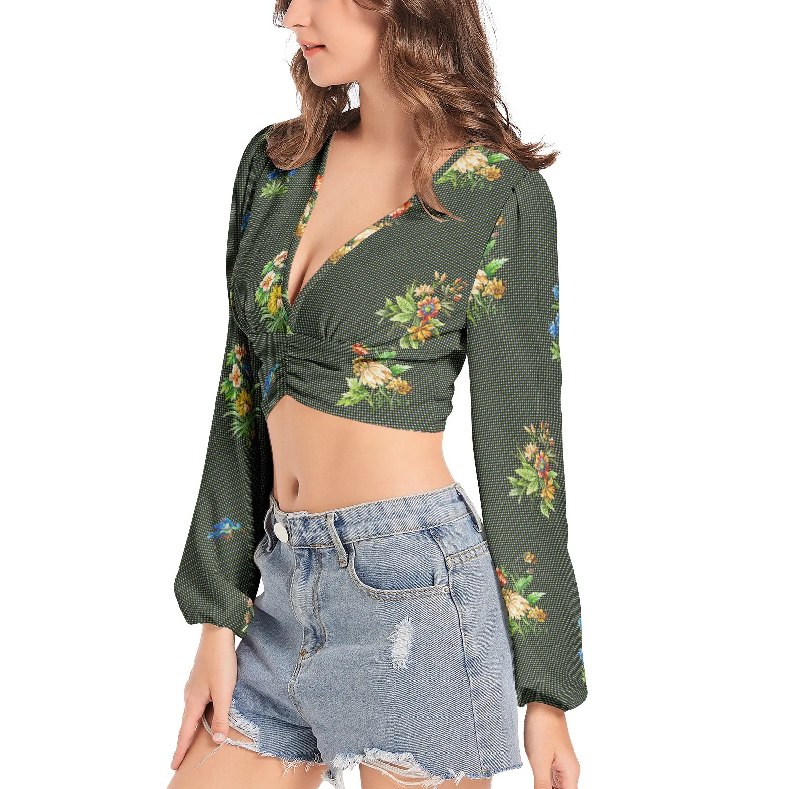 Wildflower & Fauna Women's Deep V-Neck Lantern Sleeve Crop Top