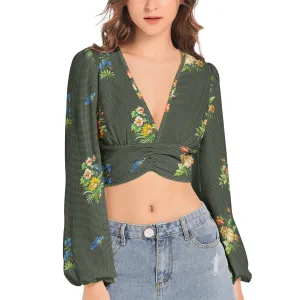 Wildflower & Fauna Women's Deep V-Neck Lantern Sleeve Crop Top