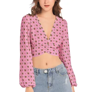 Women's Deep V-Neck Lantern Sleeve Crop Top