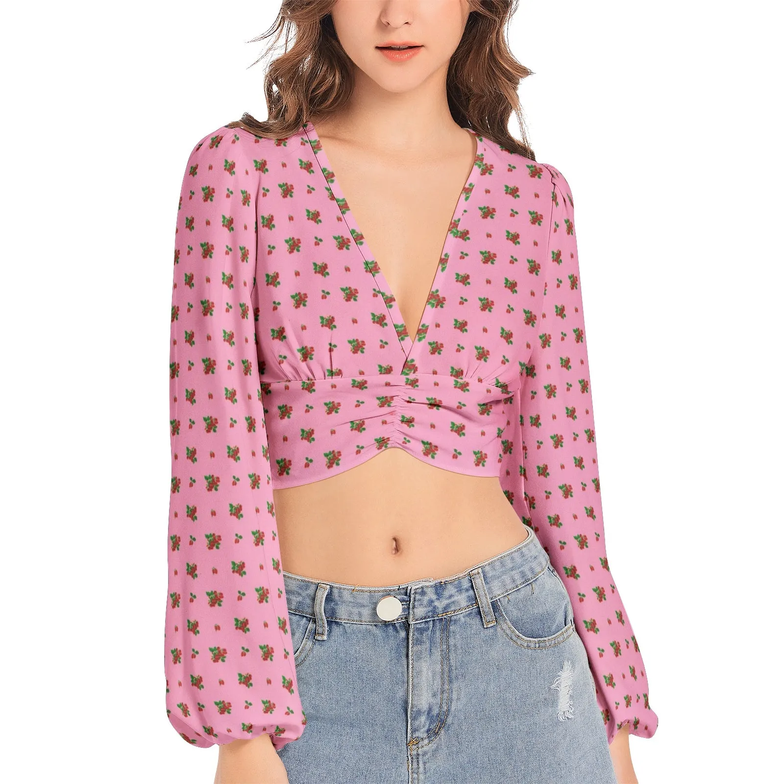 Women's Deep V-Neck Lantern Sleeve Crop Top