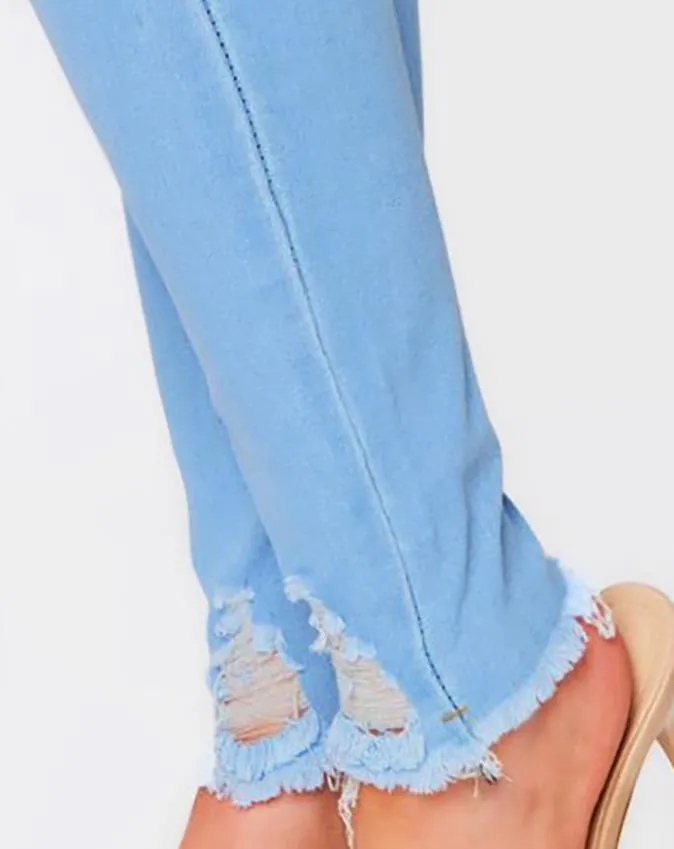 Women's Jeans Autumn High Waist Buttoned Cutout Ripped Casual Skinny Plain Pocket Design Jeans - WJN0020