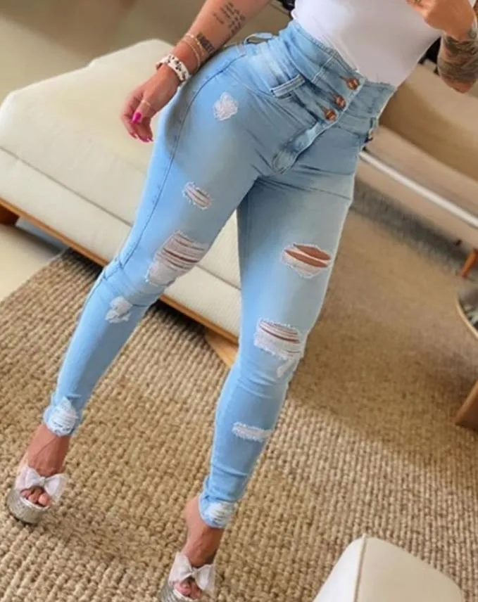 Women's Jeans Autumn High Waist Buttoned Cutout Ripped Casual Skinny Plain Pocket Design Jeans - WJN0020