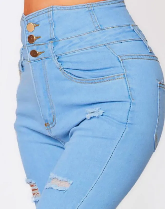 Women's Jeans Autumn High Waist Buttoned Cutout Ripped Casual Skinny Plain Pocket Design Jeans - WJN0020