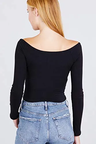 Women's Long Sleeve Off Shoulder Crop Top With Snap Button