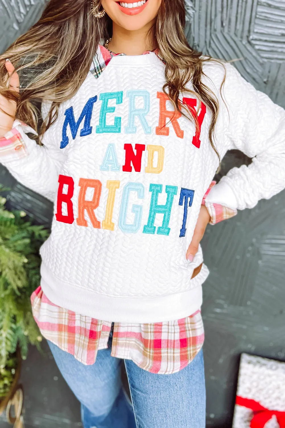 Womens White Merry And Bright Cable Knit Pullover Sweatshirt