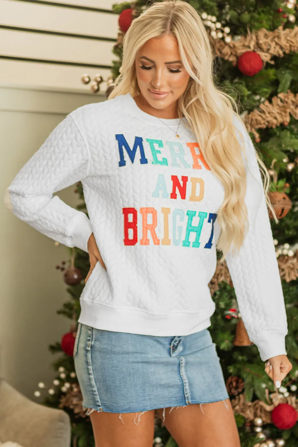 Womens White Merry And Bright Cable Knit Pullover Sweatshirt
