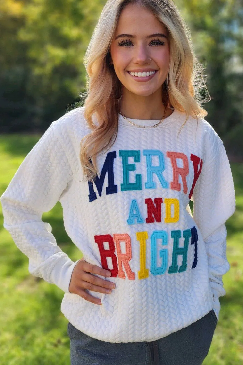 Womens White Merry And Bright Cable Knit Pullover Sweatshirt
