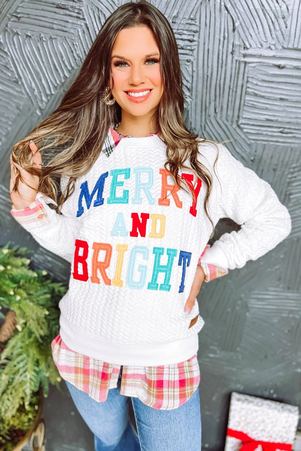 Womens White Merry And Bright Cable Knit Pullover Sweatshirt