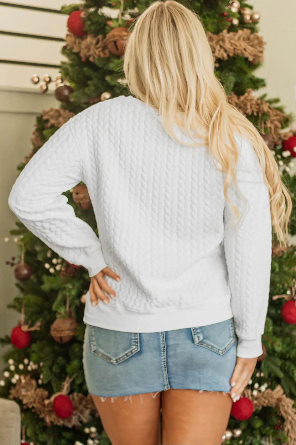 Womens White Merry And Bright Cable Knit Pullover Sweatshirt