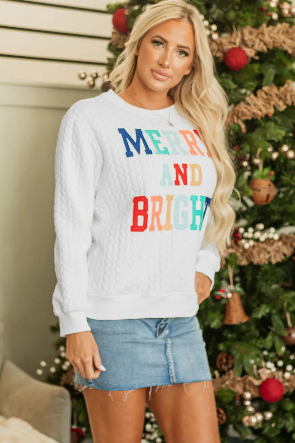 Womens White Merry And Bright Cable Knit Pullover Sweatshirt