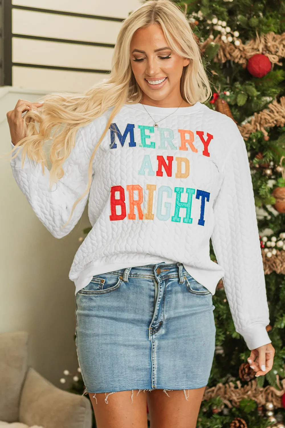 Womens White Merry And Bright Cable Knit Pullover Sweatshirt